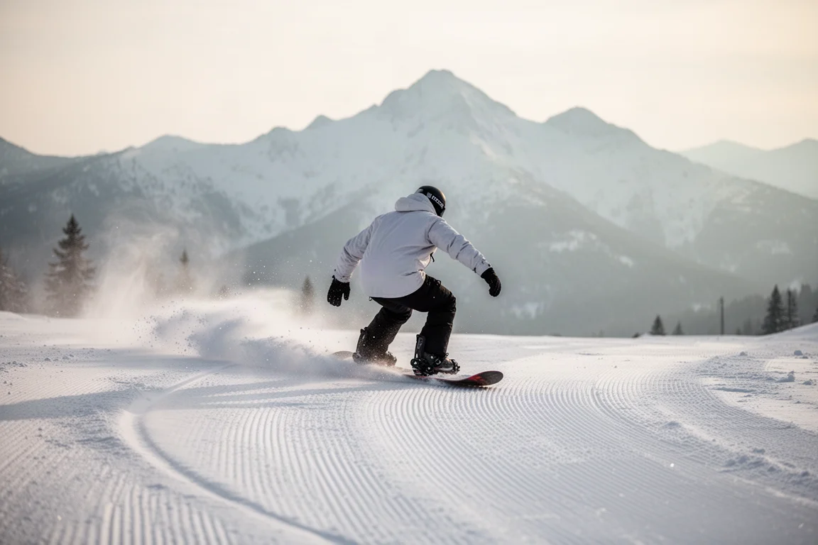 Snowboarder on a beginner-friendly blue run practicing fundamentals