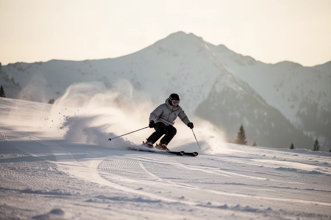 Skier carving a giant turn on a wide open groomed slope