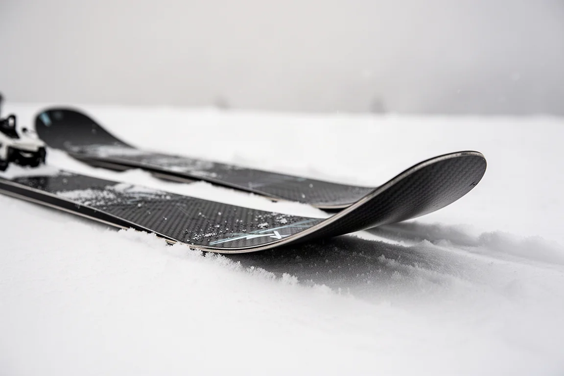 Close-up of a ski tip and tail rocker profile on snow