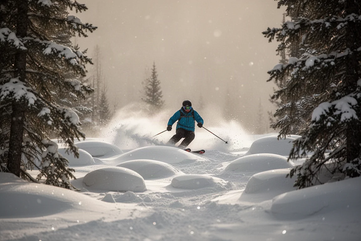 Skier navigating moguls and trees on an all-mountain run