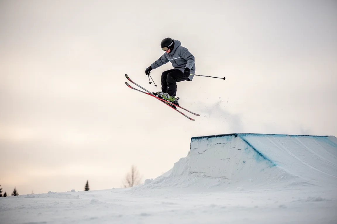 Skier popping off a small park lip into soft light