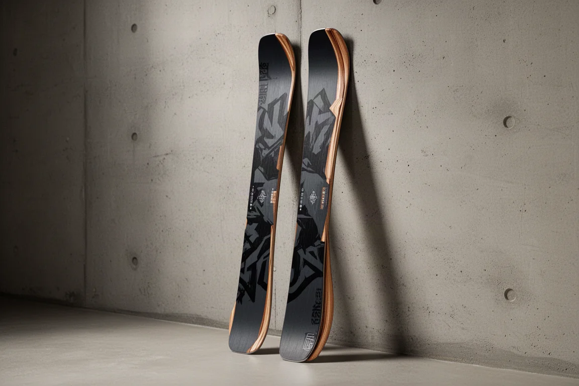 Rossignol Sender 100 twin tip skis leaning against a concrete wall