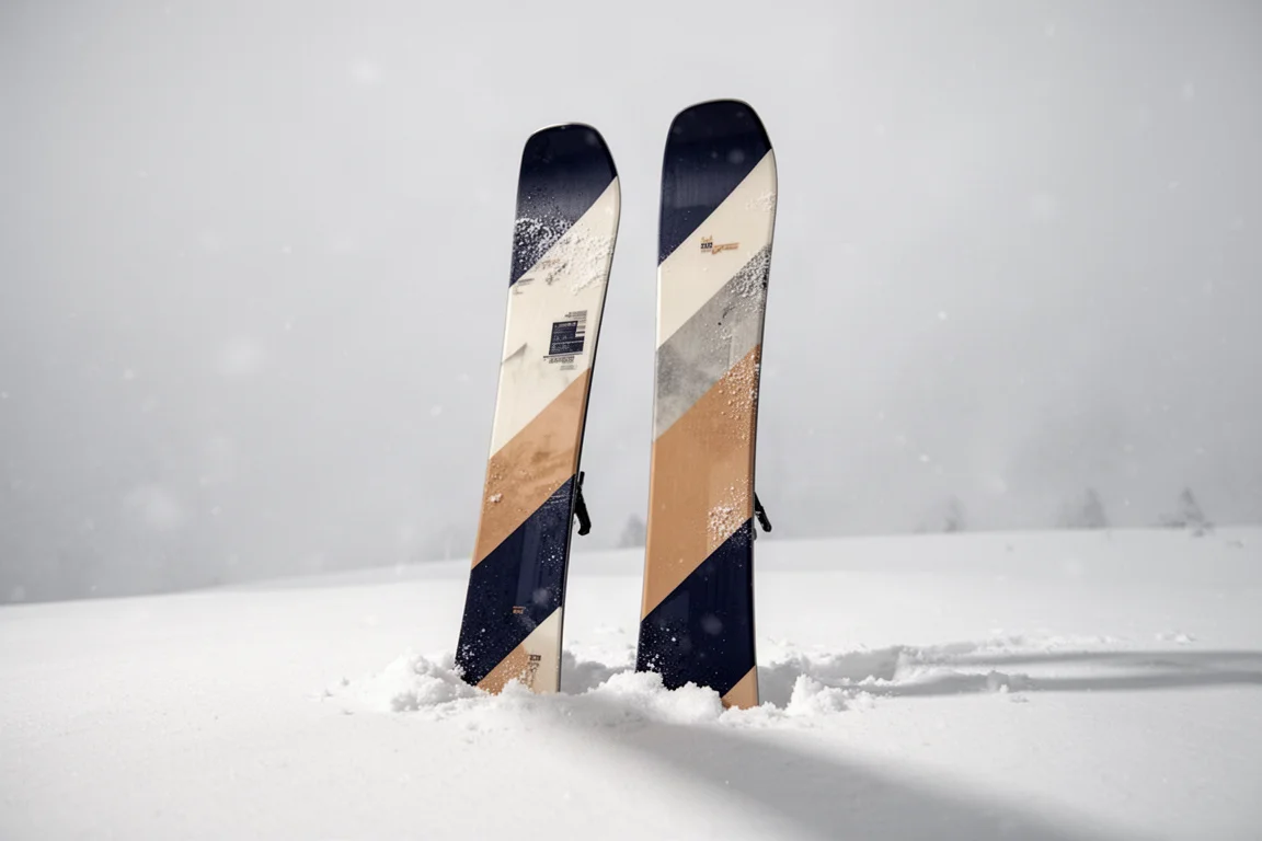 Wide freeride twin-tip skis standing upright in packed snow under soft daylight