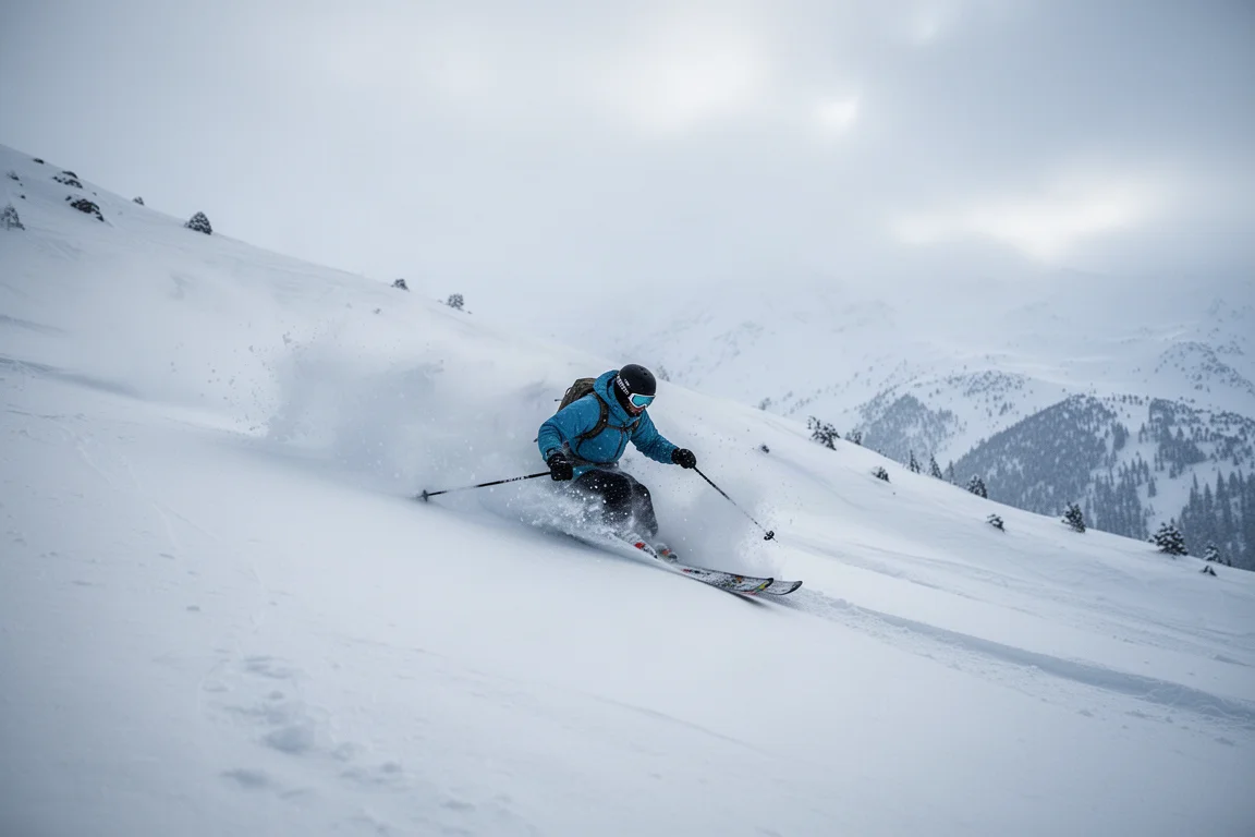 Sciatore freeride che intaglia curve nella neve fresca profonda su una parete montuosa aperta
