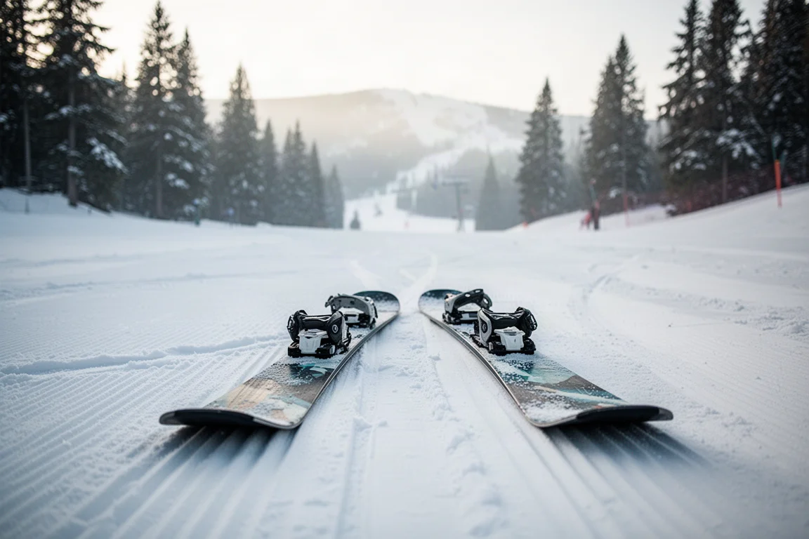 Zwei Freeride-Twin-Tip-Skier liegen auf frisch präpariertem Schnee im sanften Morgenlicht