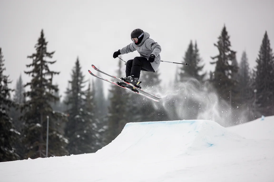 Freeride-Fahrer in der Luft über einem kleinen Snowfeature in einem Terrainpark
