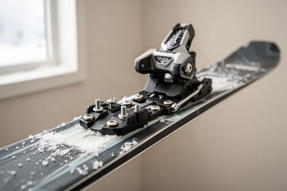 Nahaufnahme einer nach vorne montierten Freeride-Bindung auf dem Deck eines Skis