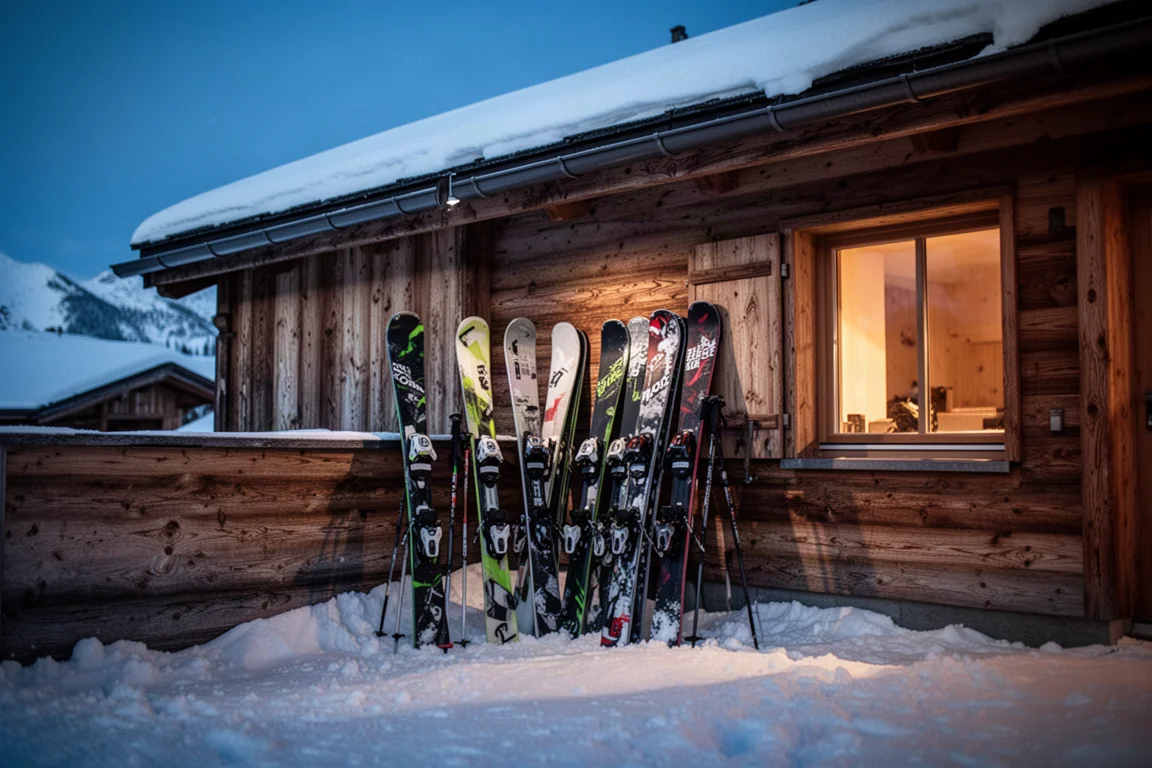 Gestell mit Freeride-Skiern, das in der Dämmerung an der Wand einer Lodge lehnt