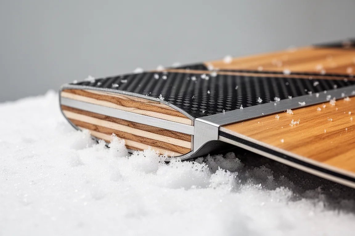 Primer plano del lateral de un esquí sobre nieve mostrando el núcleo de madera, laminado metálico y refuerzo de carbono