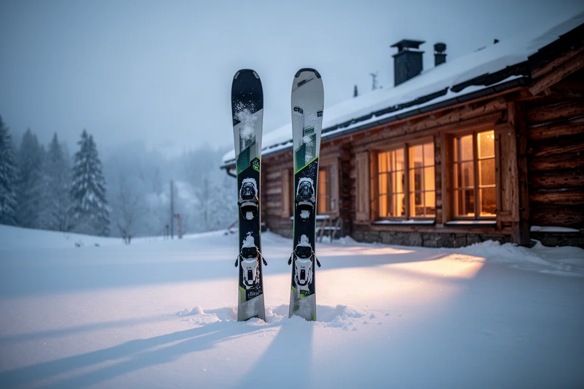 Esquís freeride anchos plantados en nieve fresca frente a un refugio de madera al atardecer