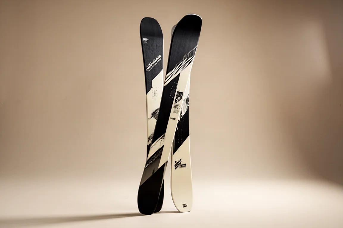 Wide twin-tip freeride skis and poles leaning against a concrete wall in soft studio light