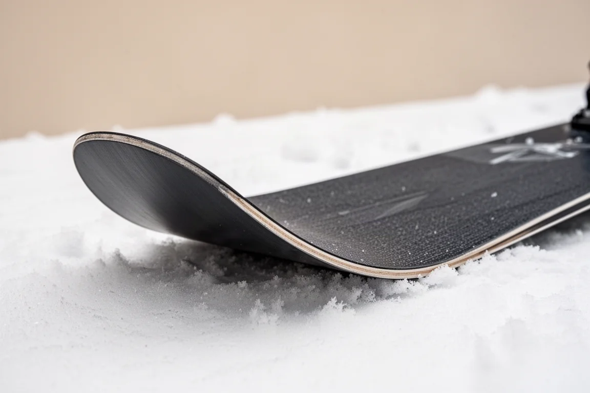 Nahaufnahme einer breiten Skispitze mit Rocker-Profil und mehrschichtiger Sidewall-Konstruktion
