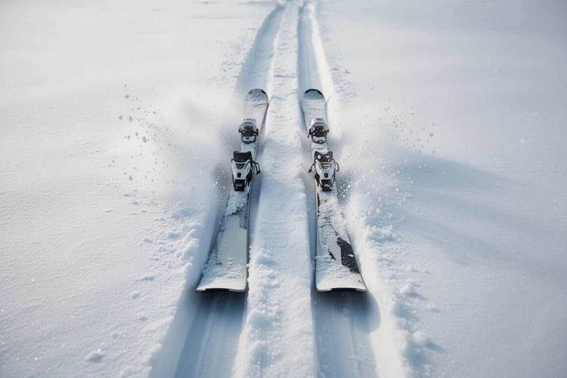 Zwei breite Skier ziehen eine tiefe parallele Spur durch frischen Pulverschnee