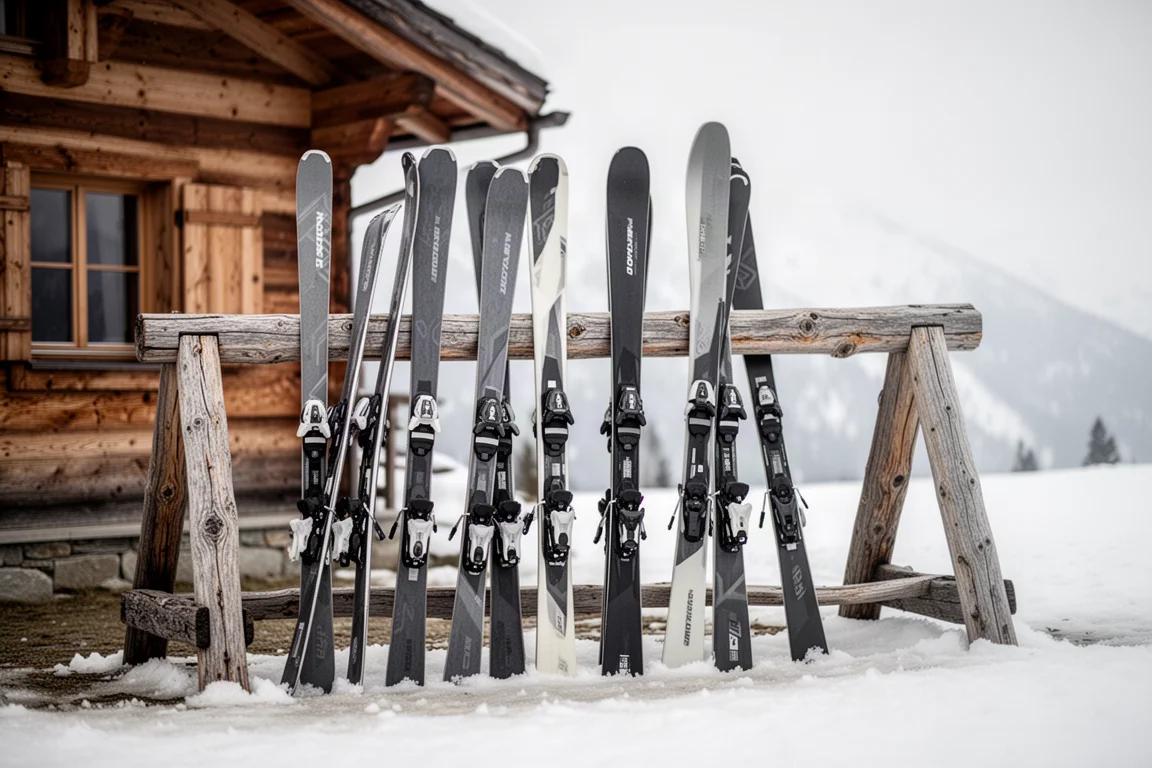 Mehrere SkiPaare unterschiedlicher Breite lehnen an einem Holzständer vor einer Hütte