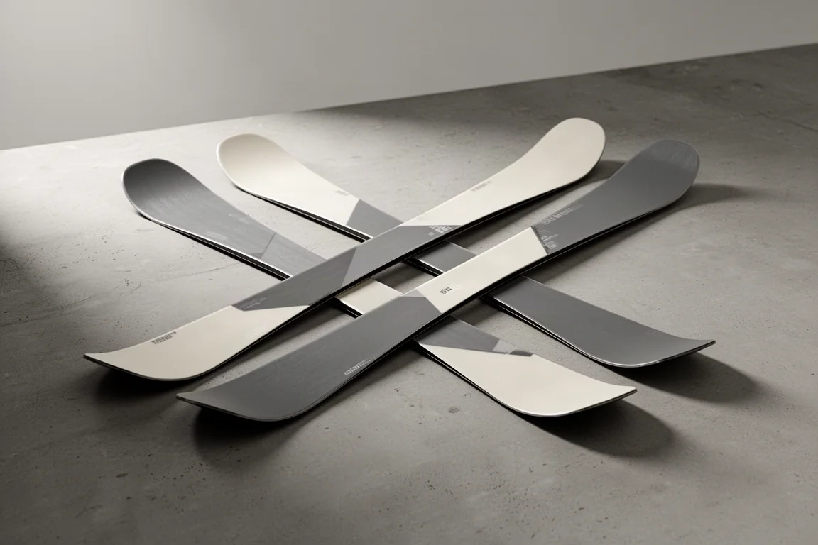 Pair of very wide rockered powder skis laid diagonally on a matte concrete surface