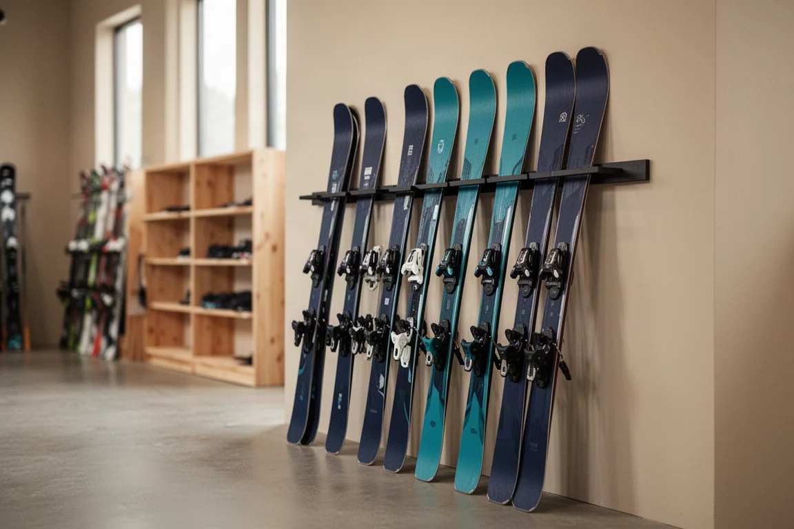 Reihe von Freeride-Skis an einer Wandhalterung im Laden bei weichem Tageslicht