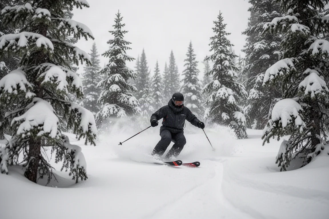 Skifahrer zieht schnelle Schwünge durch einen verspurten Lichtungshang mit schneebedeckten Bäumen