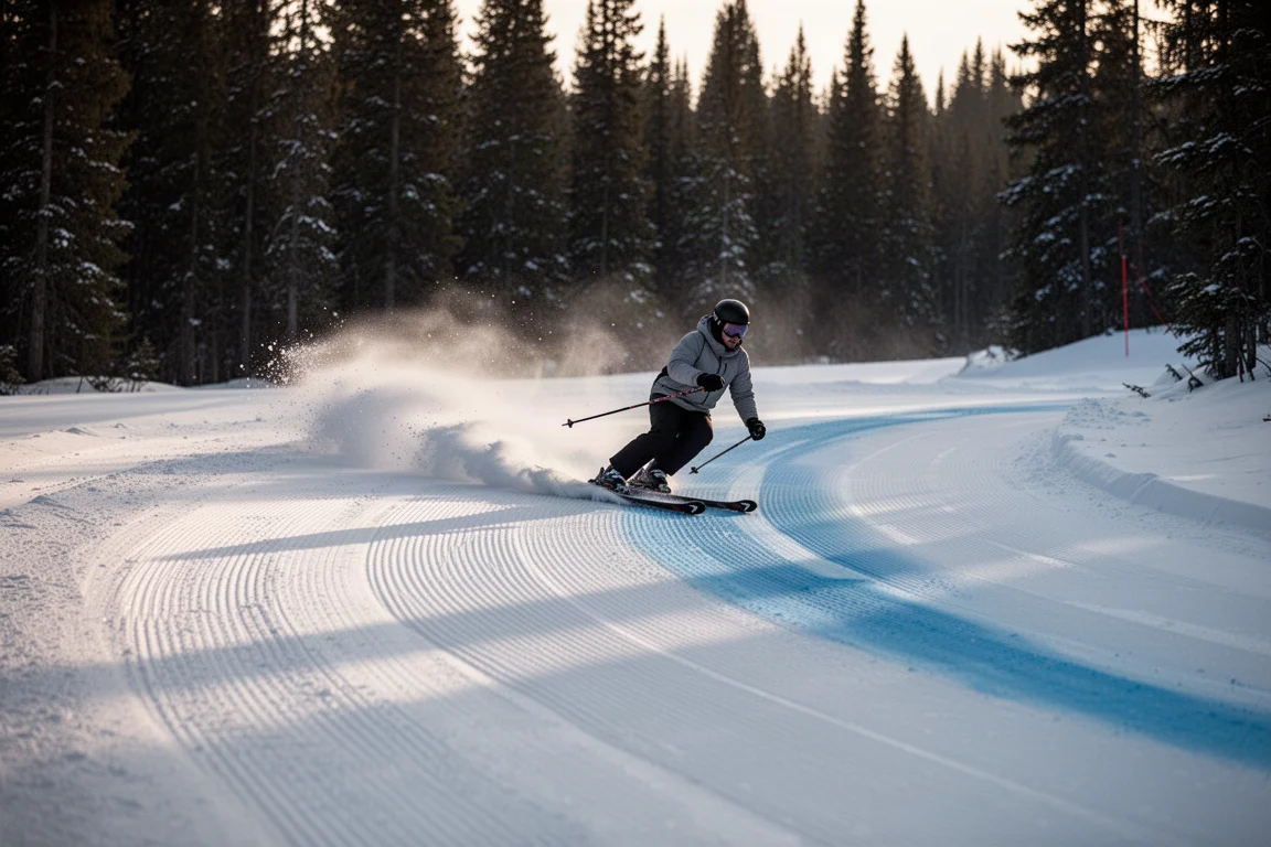 Skifahrer fährt eine enge Kurve auf frisch präpariertem Schnee in der Morgendämmerung