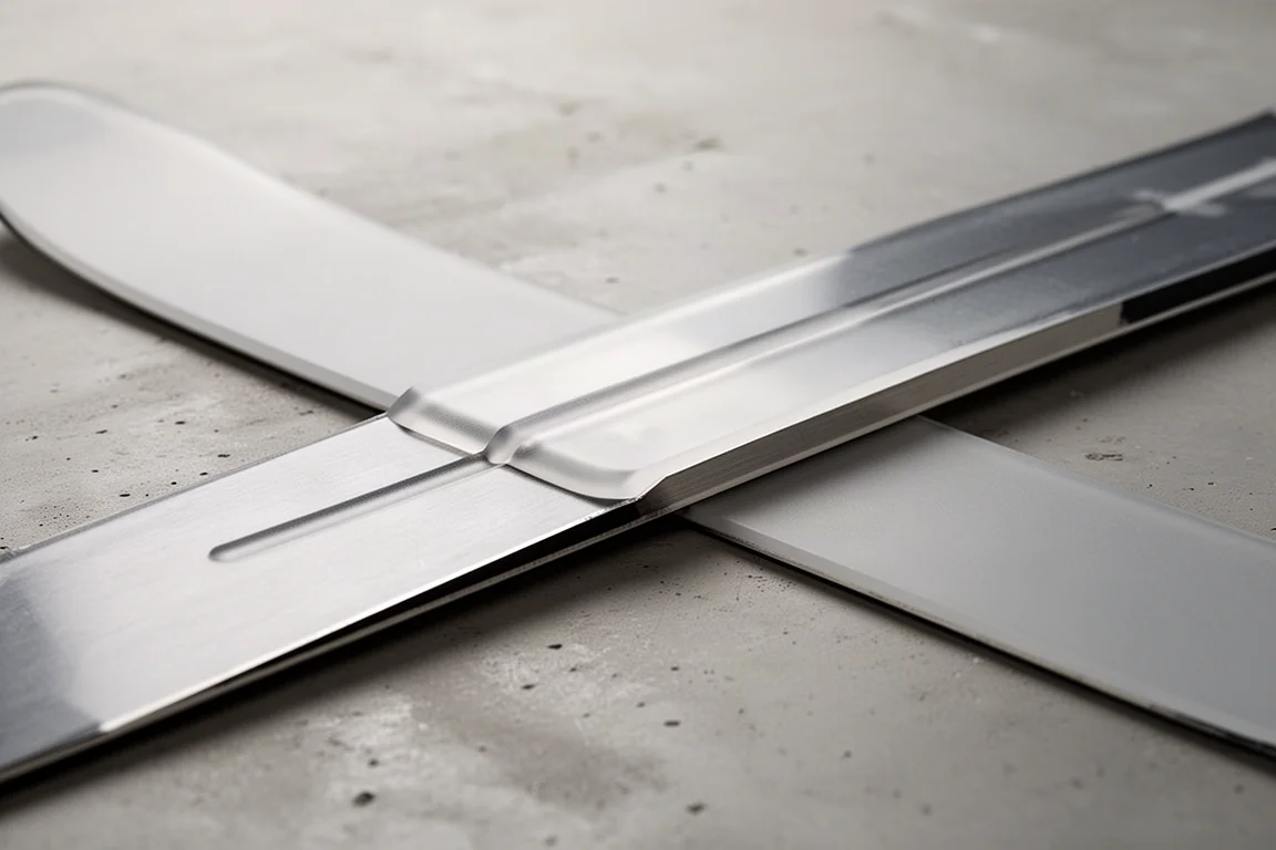 Nahaufnahme eines Skis am Mittelteil mit einer erhöhten Wulst in der Metallschicht