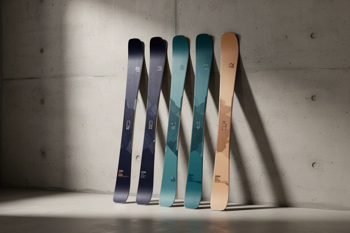 Fünf gerichtete All-Mountain-Skis in versetzter Reihe vor einer Betonwand