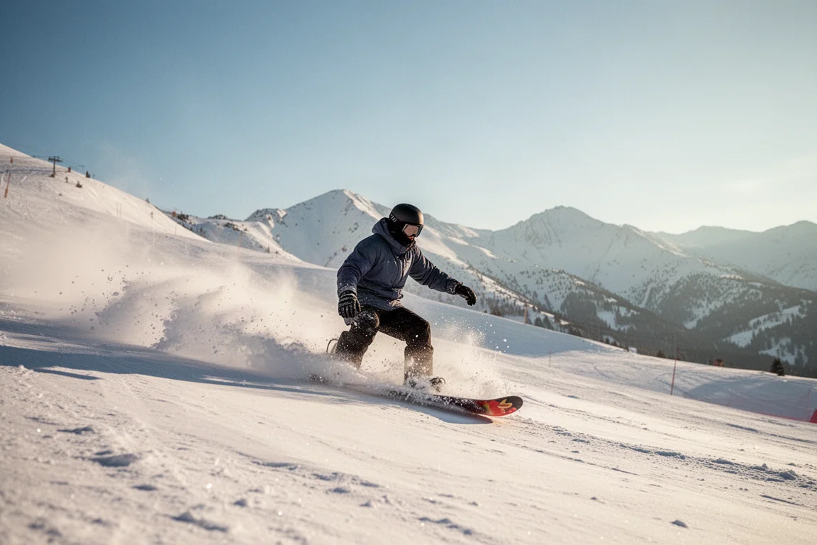 Snowboarder fährt auf frischem Pulverschnee an einem sonnigen Bluebird-Tag in den Bergen