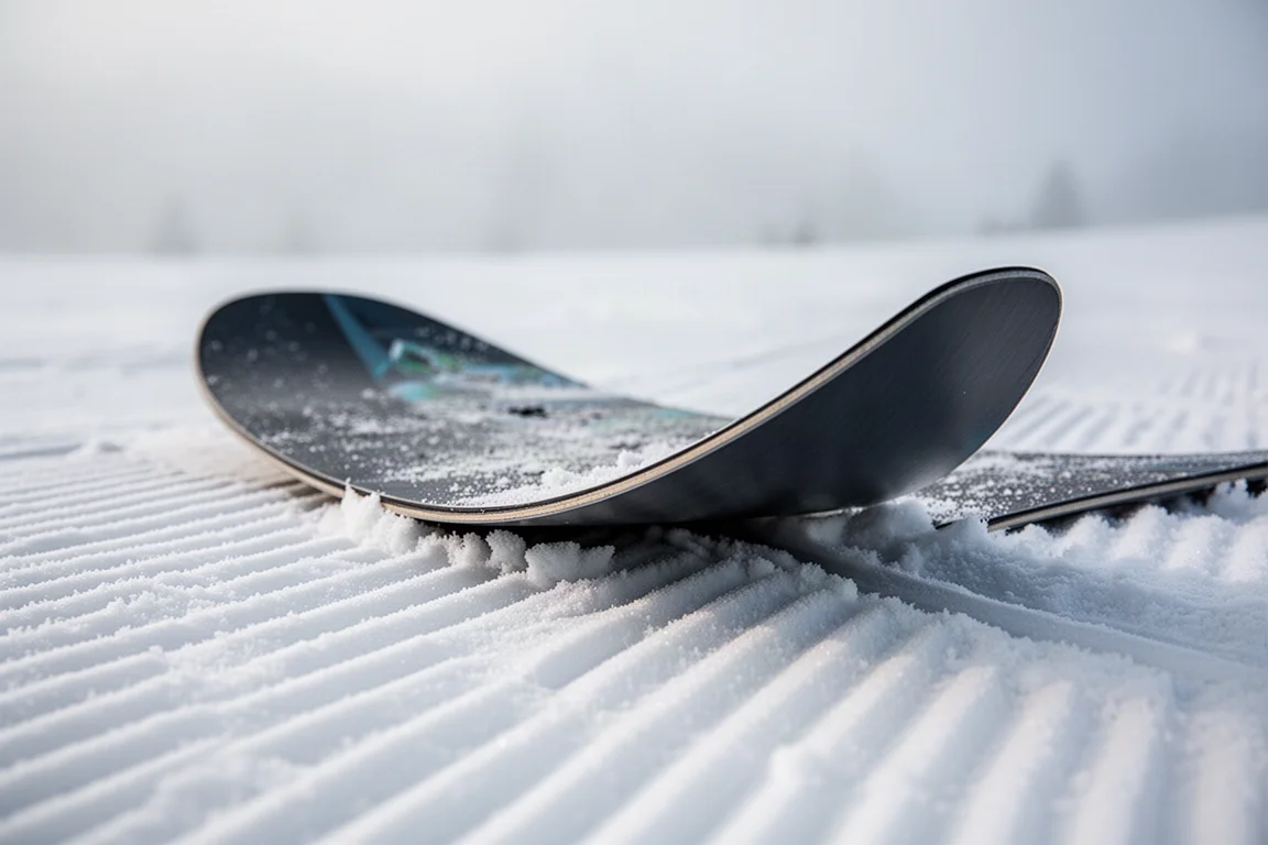 Nahaufnahme eines Snowboard-Noses mit sichtbarem Rocker-Profil im Schnee