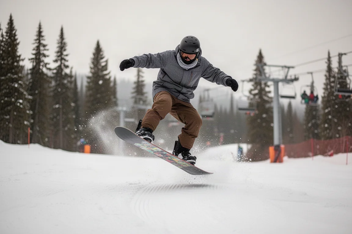Snowboarder führt einen Nose-Butter-Trick auf einer präparierten Piste aus