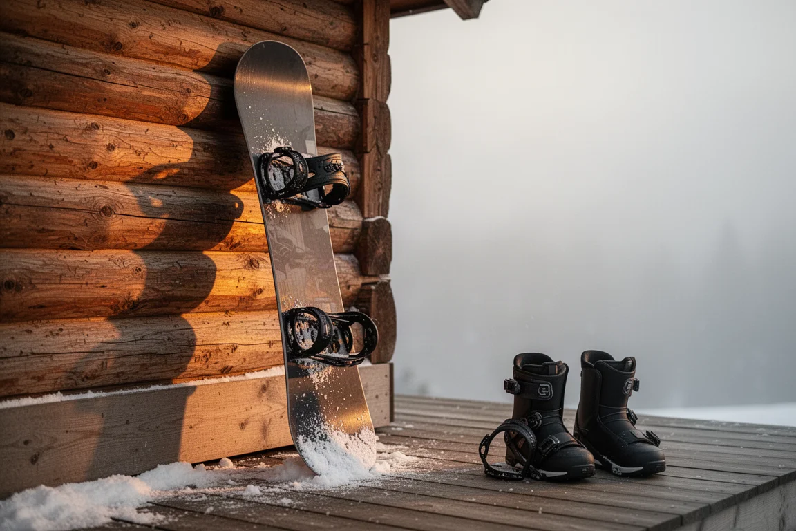 Snowboard lehnt nach einem Fahrtag an einer hölzernen Hüttenwand