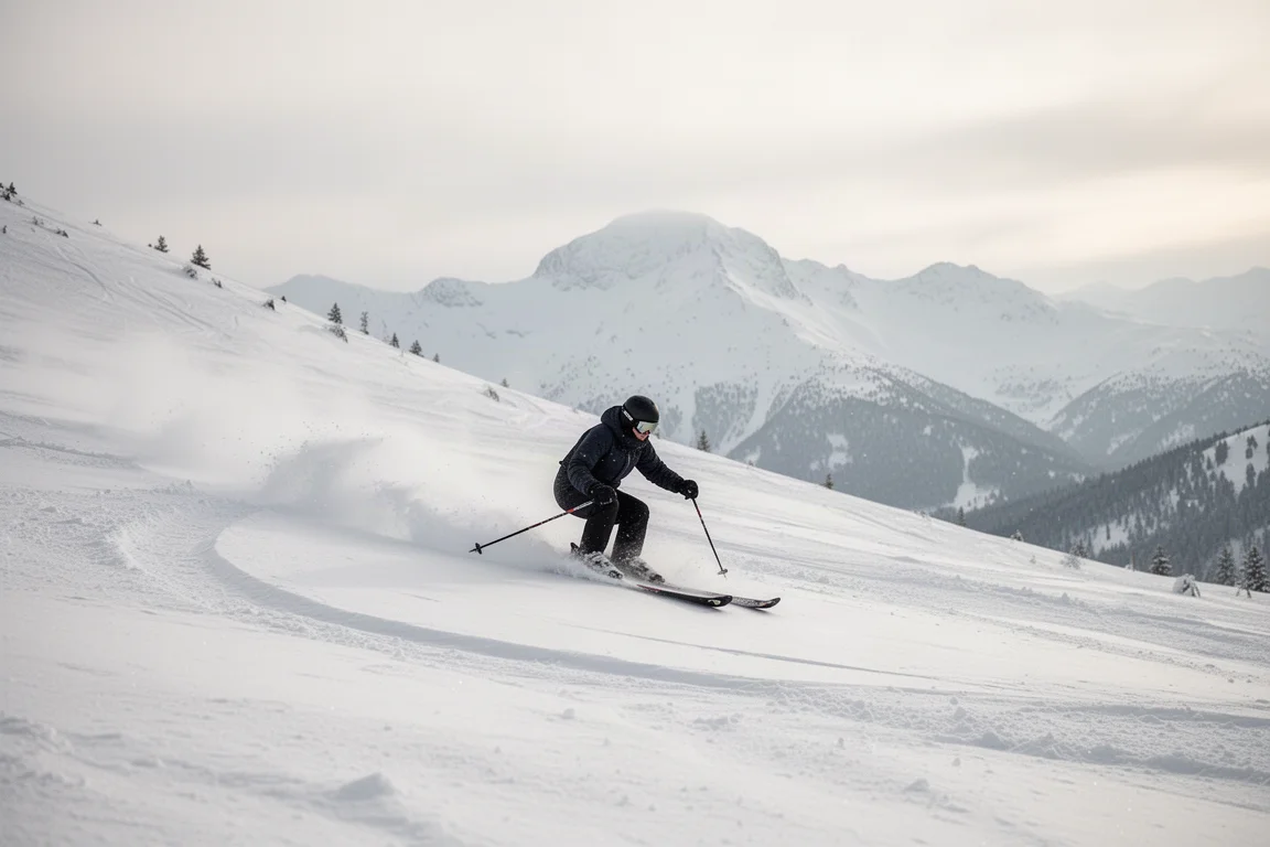 Skieur freeride traçant de courbes fluides dans la neige fraîche sur une pente dégagée