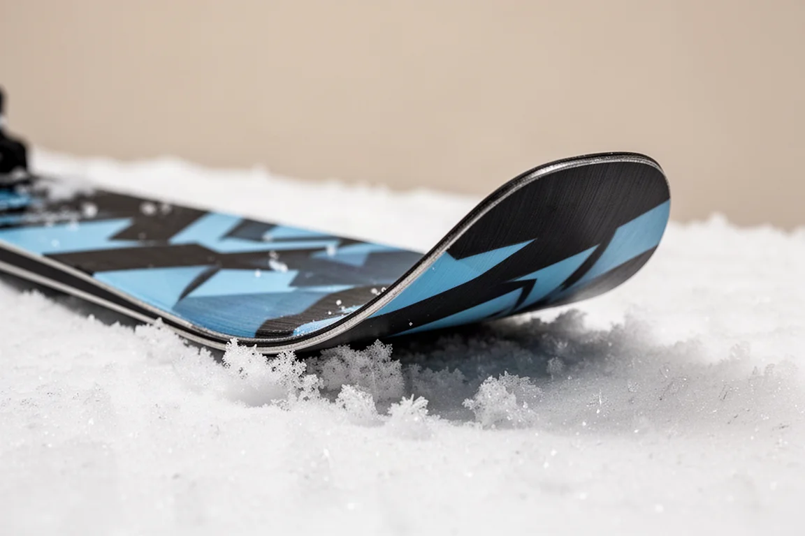 Gros plan sur la spatule d'un ski avec un profil de rocker prononcé sur la neige