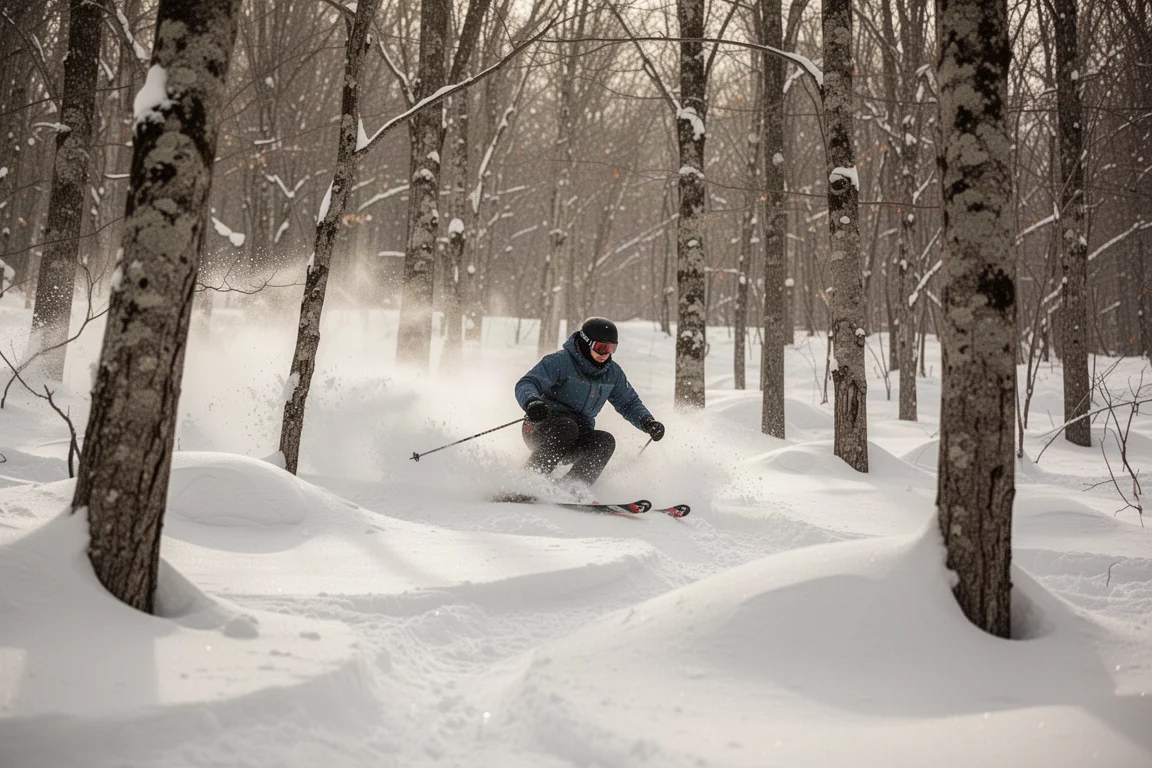 Skieur négociant bosses et arbres en terrain hors-piste