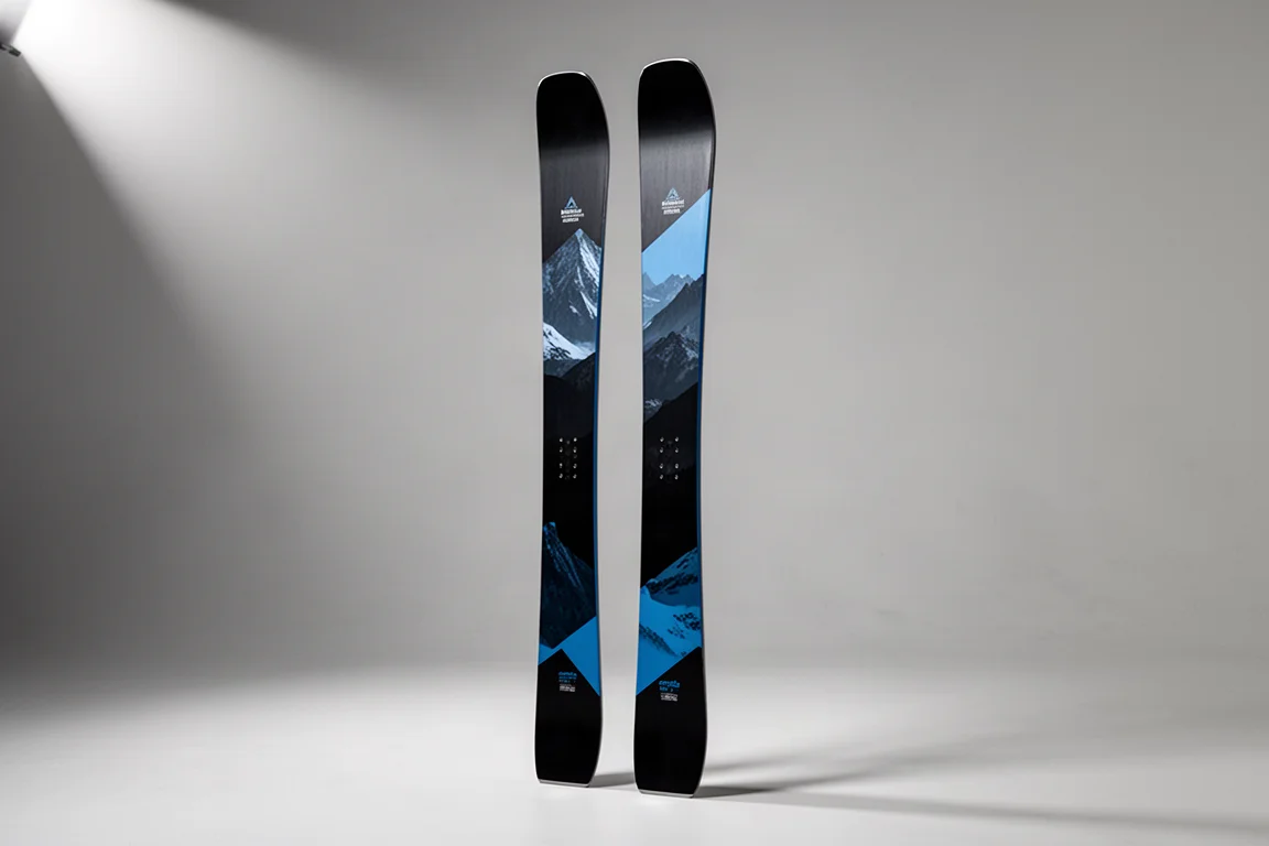 Skis freeride Rossignol Soul 102 dressés verticalement sur un fond neutre