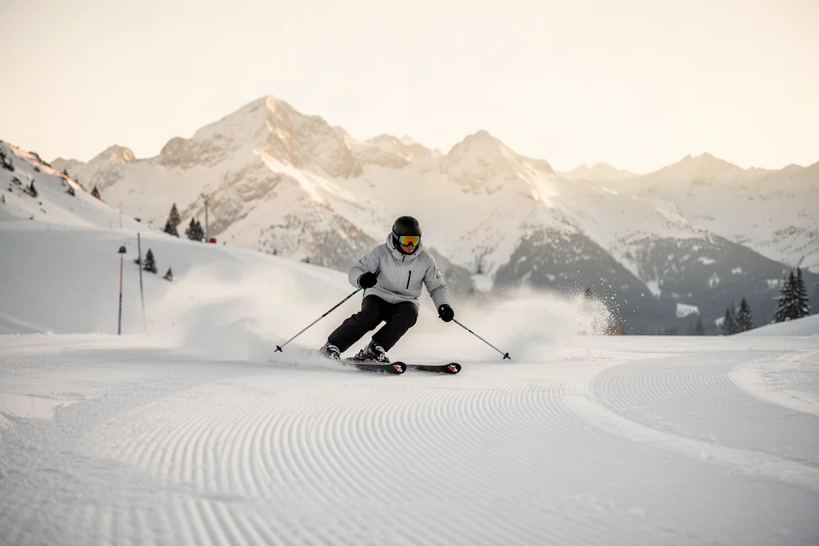Skier carving confident turns on a groomed piste in clear morning light