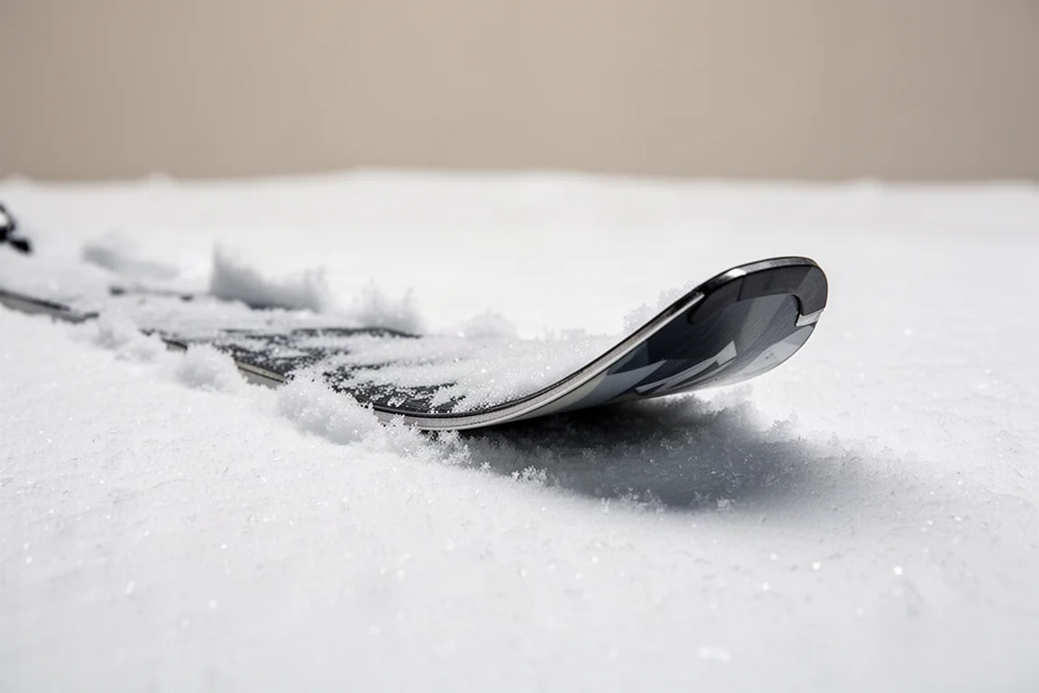 Close-up of a ski tip flexing into soft snow to show rocker profile