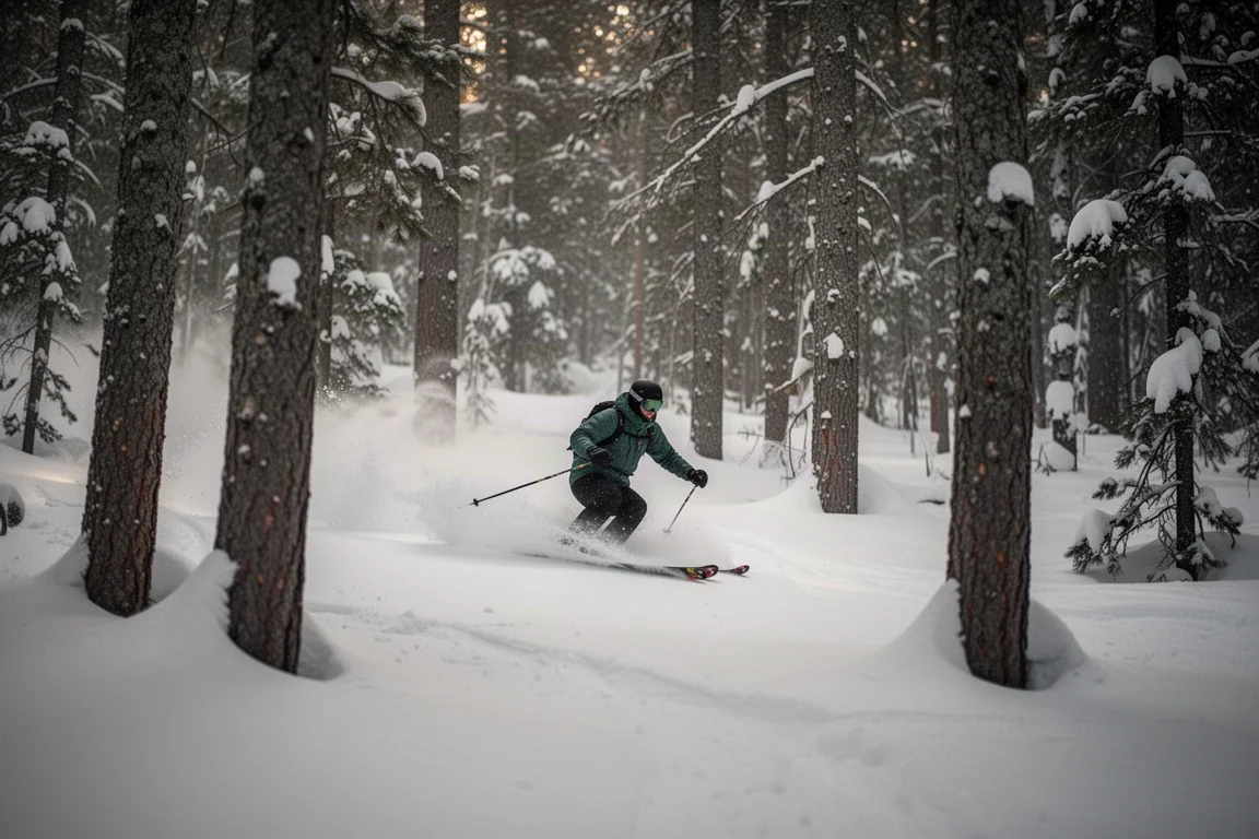 Skier gliding through a snowy gladed tree run at dusk