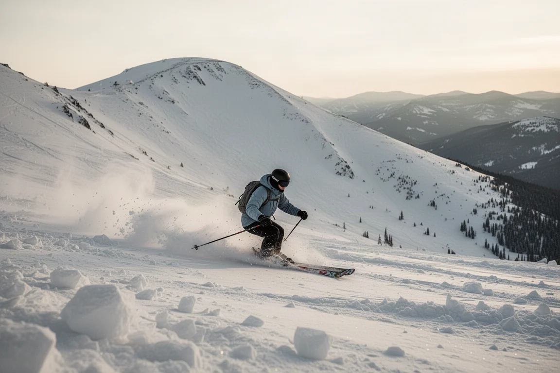 Skier sweeping through loose crud snow on an open bowl face
