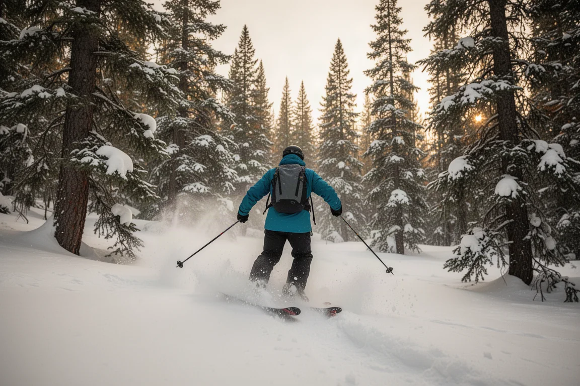 Skidåkare i freeride-ställning som åker genom en trädbevuxen pista i mjuk snö