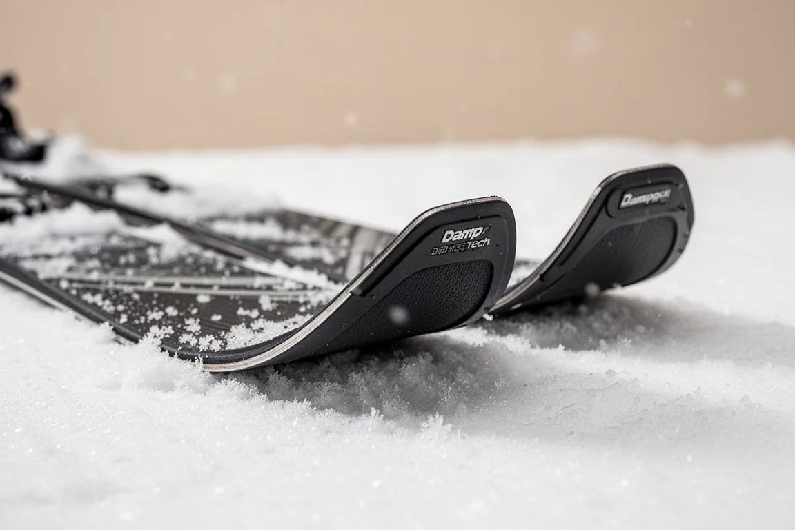 Närbild på twin tip-skidas spets och bakände i mjuk snö som visar rocker-profilen