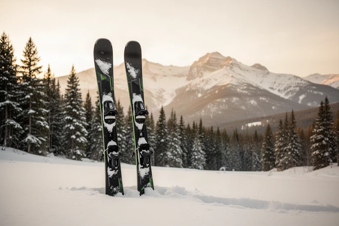 Par freeride-skidor i twin tip-format som står i snö nära trädgränsen med alpina toppar i bakgrunden