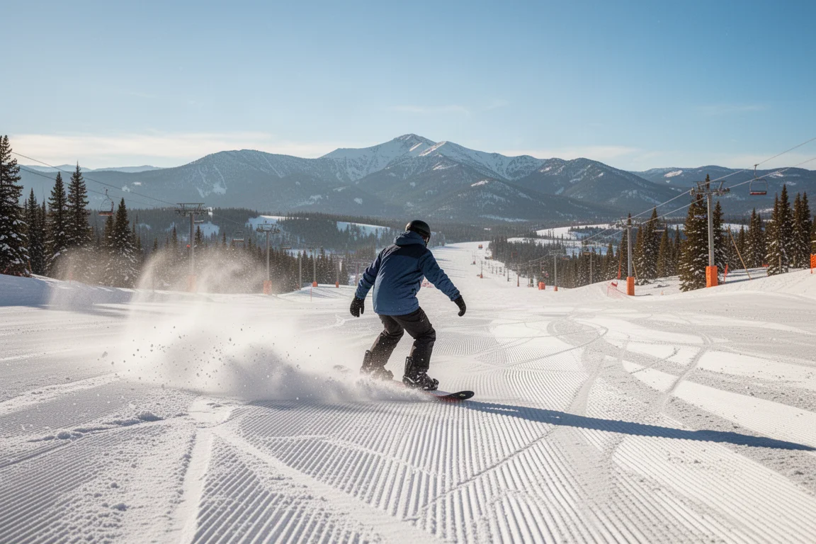Snowboarder fährt auf festem, präpariertem Schnee an einem sonnigen Bergmorgen