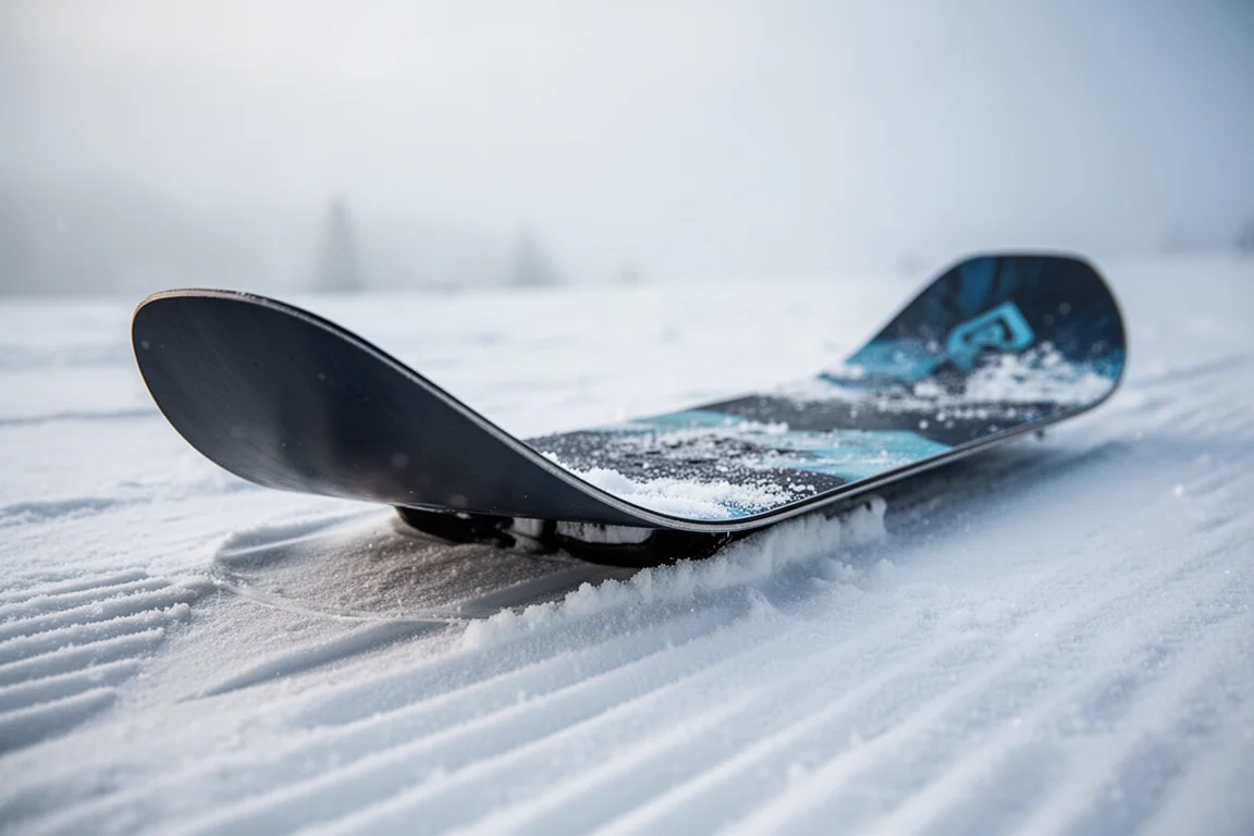 Nahaufnahme eines Snowboard-Tips mit Rocker-Profil im Schnee