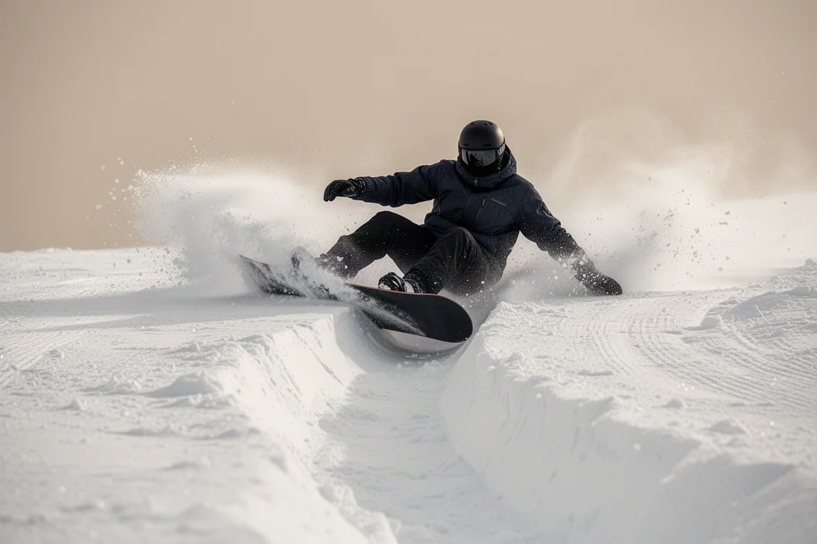 Snowboarder carvt eine aggressive Rinne durch festgetretenen Schnee