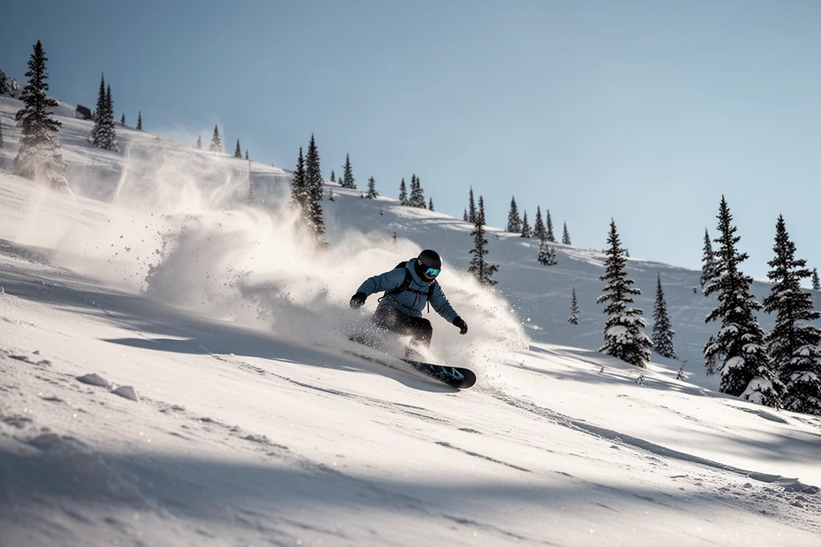 Snowboarder carving through deep powder on a sunny mountain slope