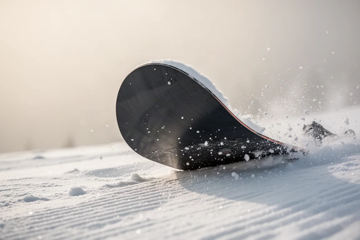 Close-up of a snowboard nose flexing and lifting during a nose butter