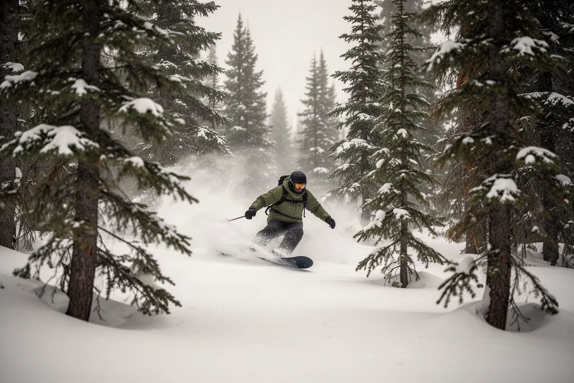Snowboarder weaving tight turns between trees in fresh snow