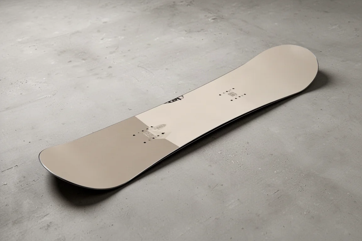 Wide directional snowboard resting flat on a wooden floor in soft light