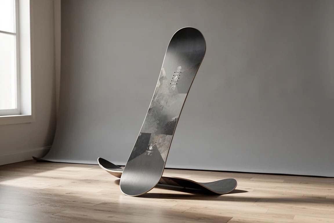 Short wide directional snowboard with oversized surf-style nose standing on wood floor