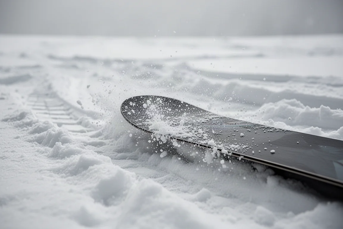 雪板板鼻壓過碎雪並揚起雪花的特寫