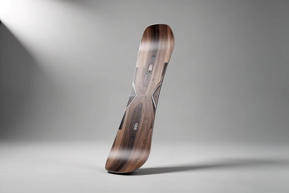 Short wide directional snowboard standing upright on a neutral grey backdrop