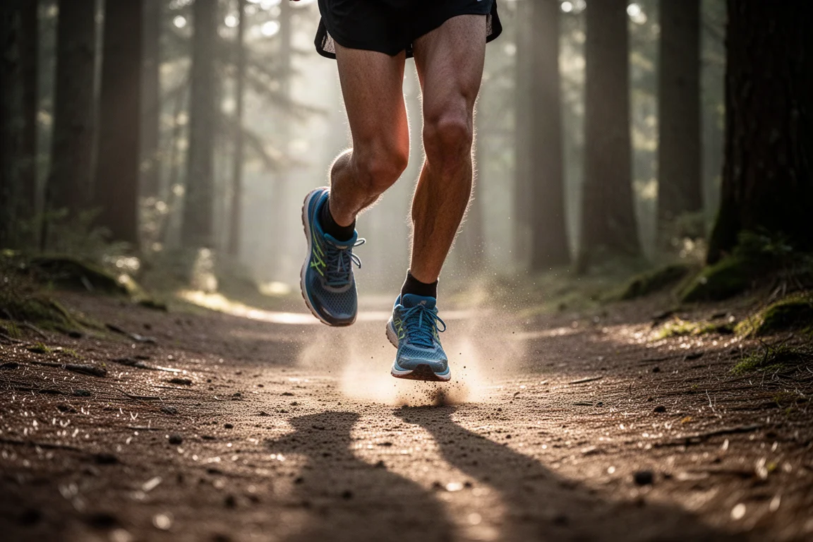 Trail runner on a compacted dirt path in soft morning light